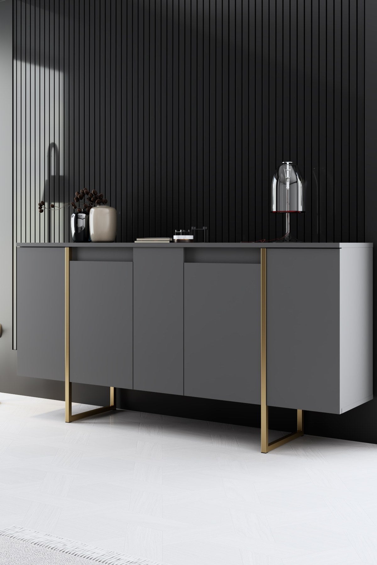 Set mobilă pentru sufragerie Luxe, Diverse culori, Diverse dimensiuni - Antracit - Auriu - 160x35x80 cm | SKU: 618BLY1184 | Set mobilă pentru sufragerie Luxe, varianta Antracit - Auriu - 160x35x80 cm, produs pentru amenajarea locuinței, disponibil online în România la CasaMob