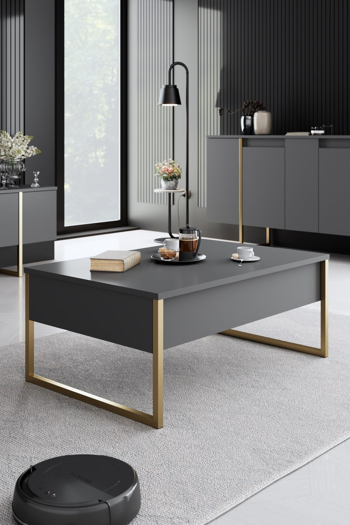 Set mobilă pentru sufragerie Luxe, Diverse culori, Diverse dimensiuni - Antracit - Auriu - 160x35x80 cm | SKU: 618BLY1184 | Set mobilă pentru sufragerie Luxe, varianta Antracit - Auriu - 160x35x80 cm, produs pentru amenajarea locuinței, disponibil online în România la CasaMob