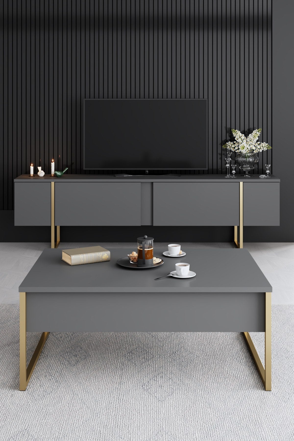 Set mobilă pentru sufragerie Luxe, Diverse culori, Diverse dimensiuni - Antracit - Auriu - 160x35x80 cm | SKU: 618BLY1184 | Set mobilă pentru sufragerie Luxe, varianta Antracit - Auriu - 160x35x80 cm, produs pentru amenajarea locuinței, disponibil online în România la CasaMob