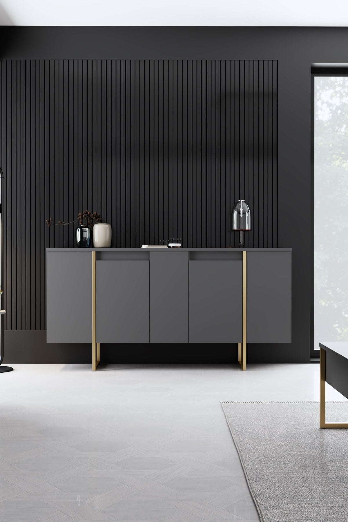 Set mobilă pentru sufragerie Luxe, Diverse culori, Diverse dimensiuni - Antracit - Auriu - 160x35x80 cm | SKU: 618BLY1184 | Set mobilă pentru sufragerie Luxe, varianta Antracit - Auriu - 160x35x80 cm, produs pentru amenajarea locuinței, disponibil online în România la CasaMob