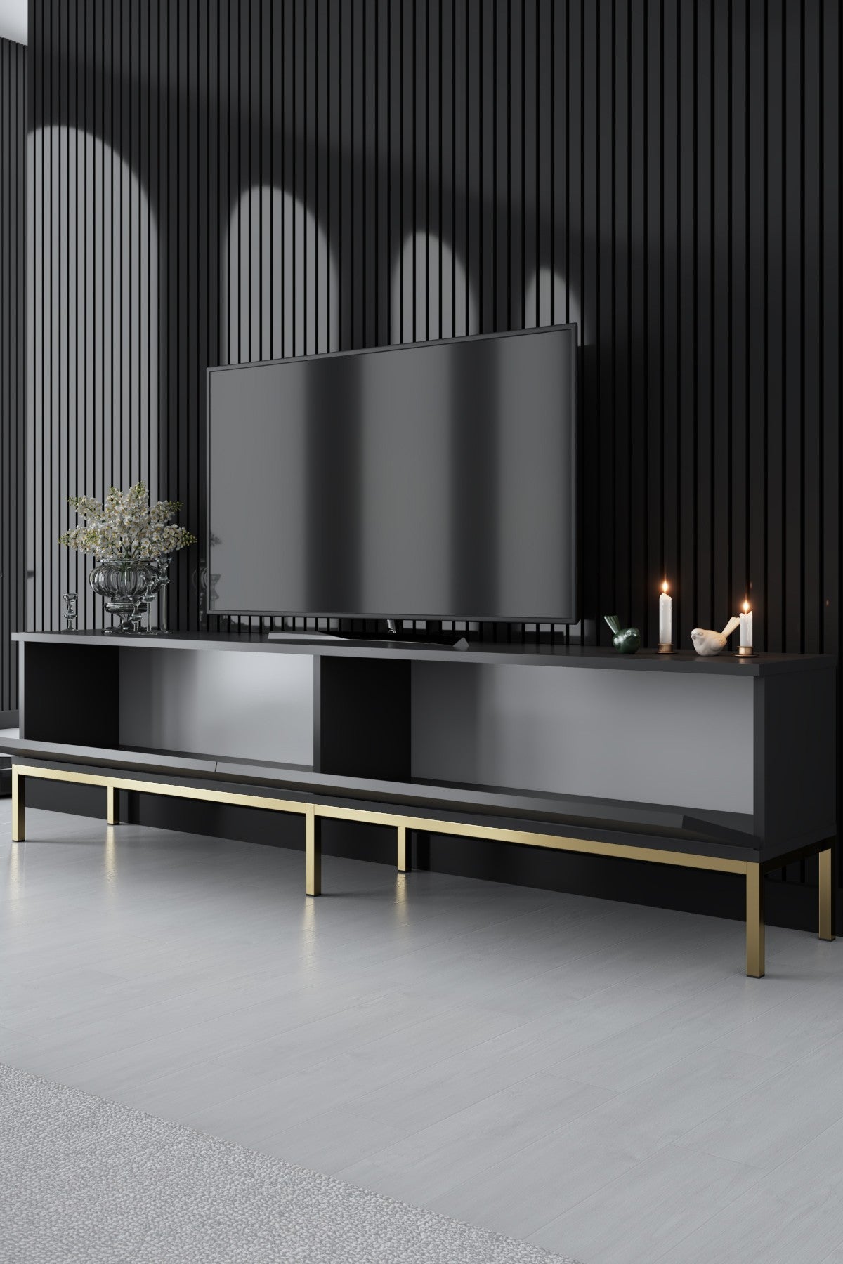 Comodă TV Lord, Diverse culori, 180x30x47 cm - Antracit - Auriu | SKU: 618BLY1187 | Comodă TV Lord, 180x30x47 cm, varianta Antracit - Auriu, produs pentru amenajarea locuinței, disponibil online în România la CasaMob