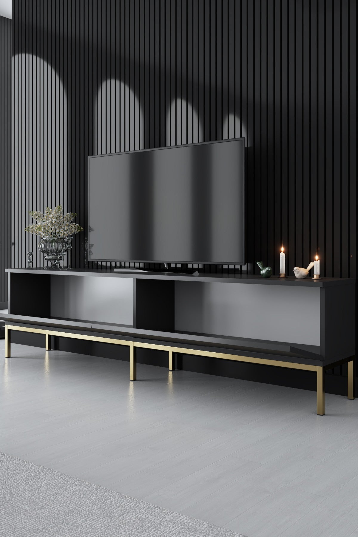 Antracit - Auriu | SKU: 618BLY1187 | Comodă TV Lord, 180x30x47 cm, varianta Antracit - Auriu, produs pentru amenajarea locuinței, disponibil online în România la CasaMob
