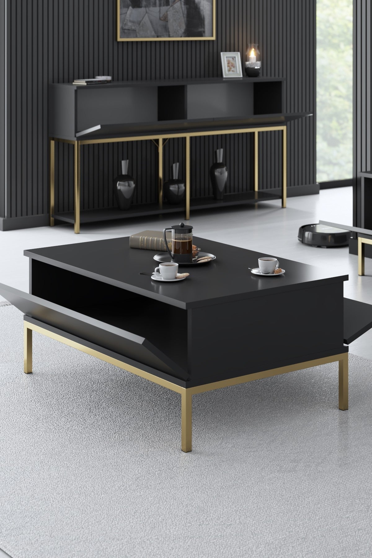 Măsuță de cafea Lord, Diverse culori, 90x60x40 cm - Antracit - Auriu | SKU: 618BLY1189 | Măsuță de cafea Lord, 90x60x40 cm, varianta Antracit - Auriu, produs pentru amenajarea locuinței, disponibil online în România la CasaMob