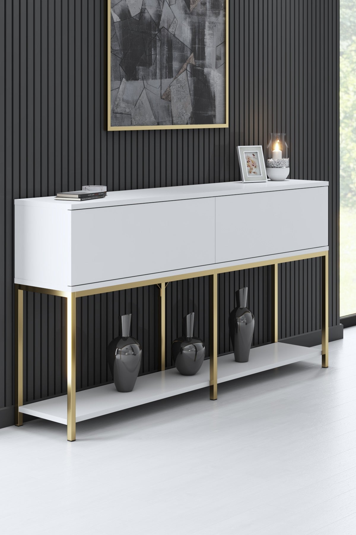 Set mobilă pentru sufragerie Lord, Diverse culori, 180x30x47 cm - Alb - Auriu | SKU: 618BLY1203 | Set mobilă pentru sufragerie Lord, 180x30x47 cm, varianta Alb - Auriu, produs pentru amenajarea locuinței, disponibil online în România la CasaMob