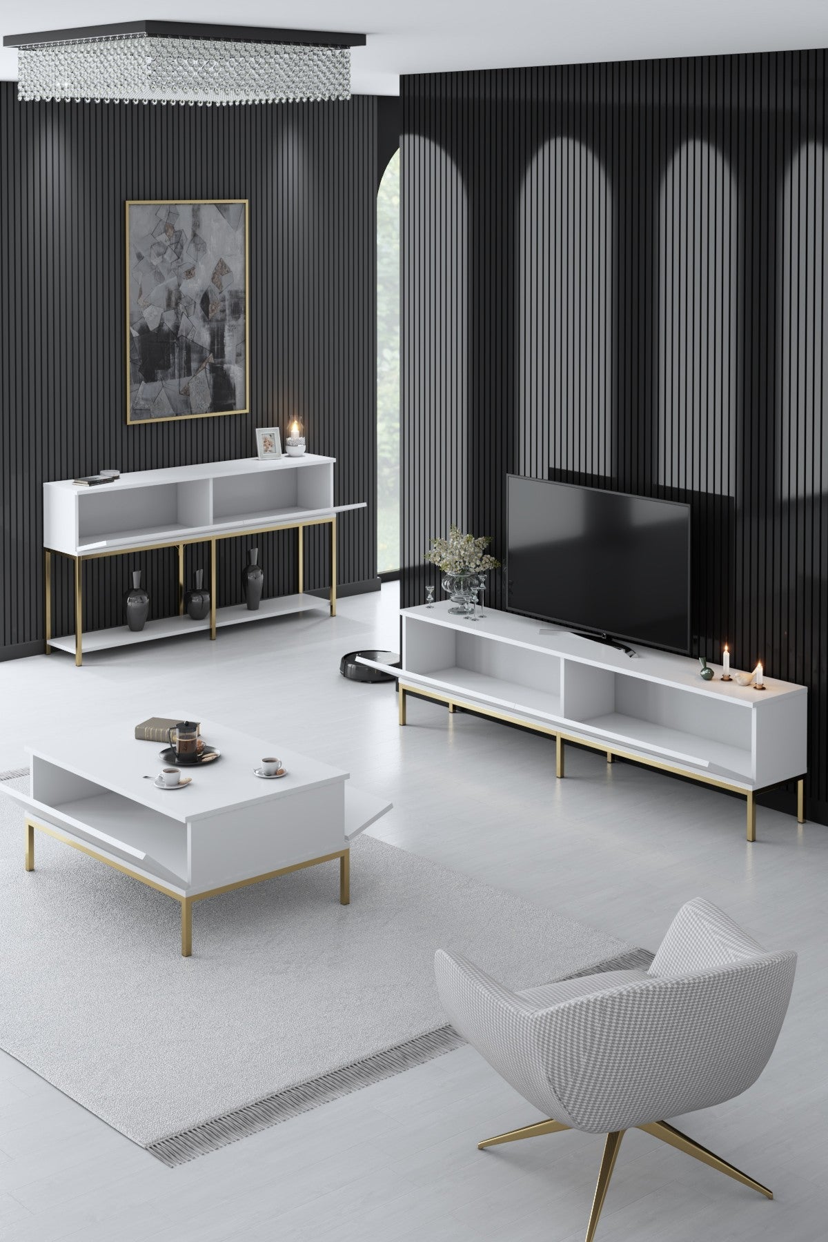 Set mobilă pentru sufragerie Lord, Diverse culori, 180x30x47 cm - Alb - Auriu | SKU: 618BLY1203 | Set mobilă pentru sufragerie Lord, 180x30x47 cm, varianta Alb - Auriu, produs pentru amenajarea locuinței, disponibil online în România la CasaMob