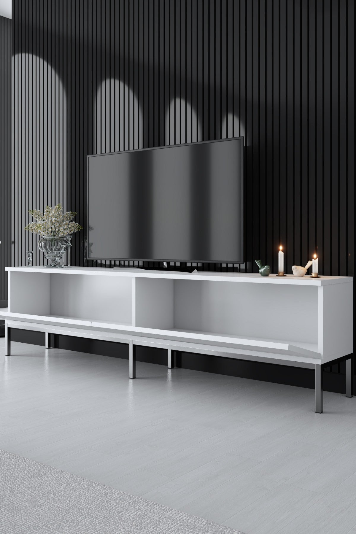 Comodă TV Lord, Diverse culori, 180x30x47 cm - Alb - Argintiu | SKU: 618BLY1204 | Comodă TV Lord, 180x30x47 cm, varianta Alb - Argintiu, produs pentru amenajarea locuinței, disponibil online în România la CasaMob