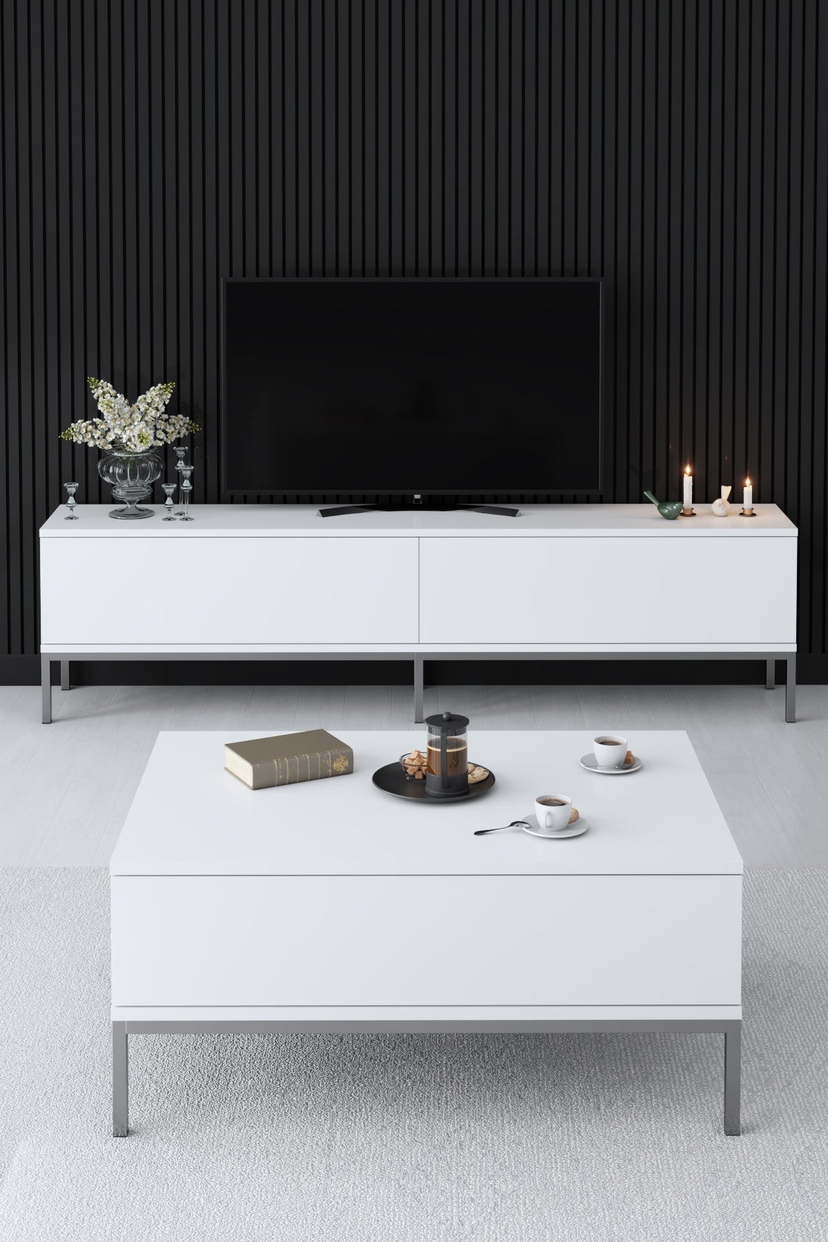 Set mobilă pentru sufragerie Lord, Diverse culori, 180x30x47 cm - Alb - Argintiu | SKU: 618BLY1207 | Set mobilă pentru sufragerie Lord, 180x30x47 cm, varianta Alb - Argintiu, produs pentru amenajarea locuinței, disponibil online în România la CasaMob