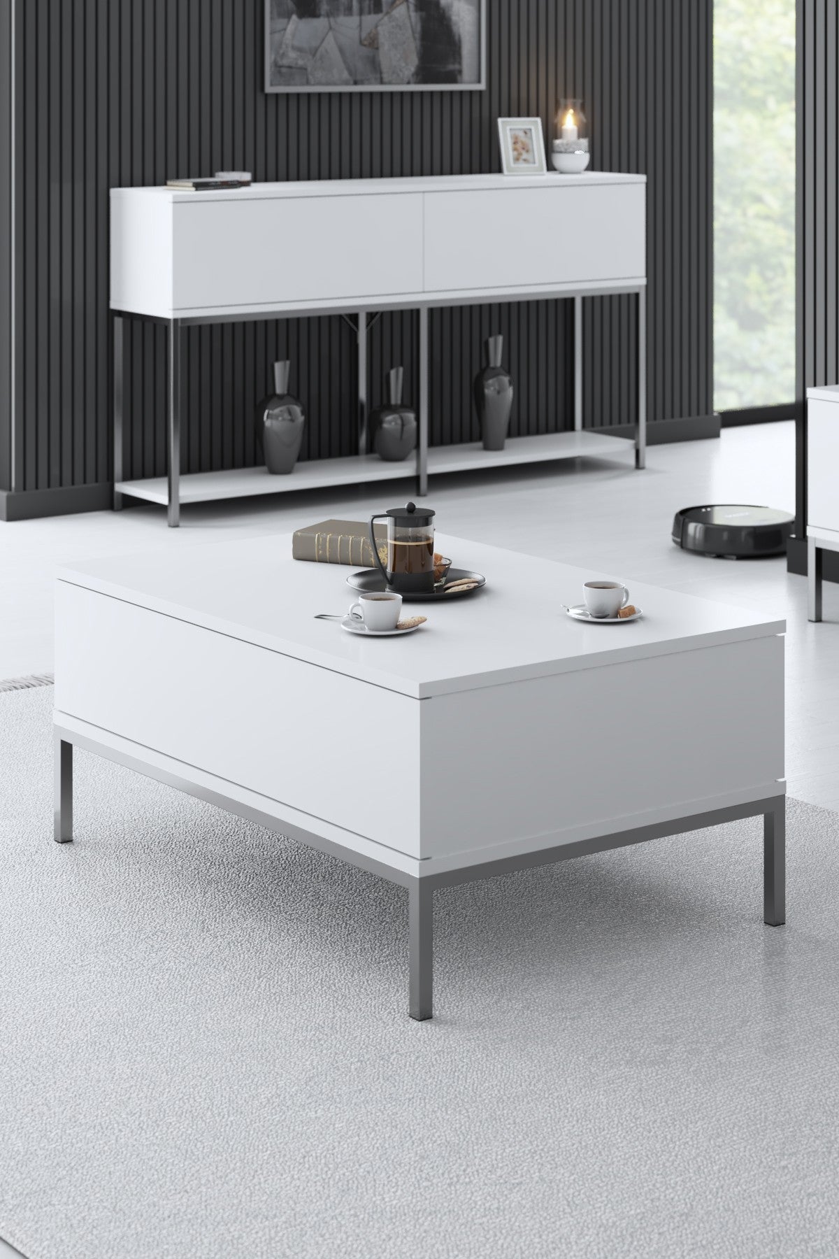 Set mobilă pentru sufragerie Lord, Diverse culori, 180x30x47 cm - Alb - Argintiu | SKU: 618BLY1207 | Set mobilă pentru sufragerie Lord, 180x30x47 cm, varianta Alb - Argintiu, produs pentru amenajarea locuinței, disponibil online în România la CasaMob