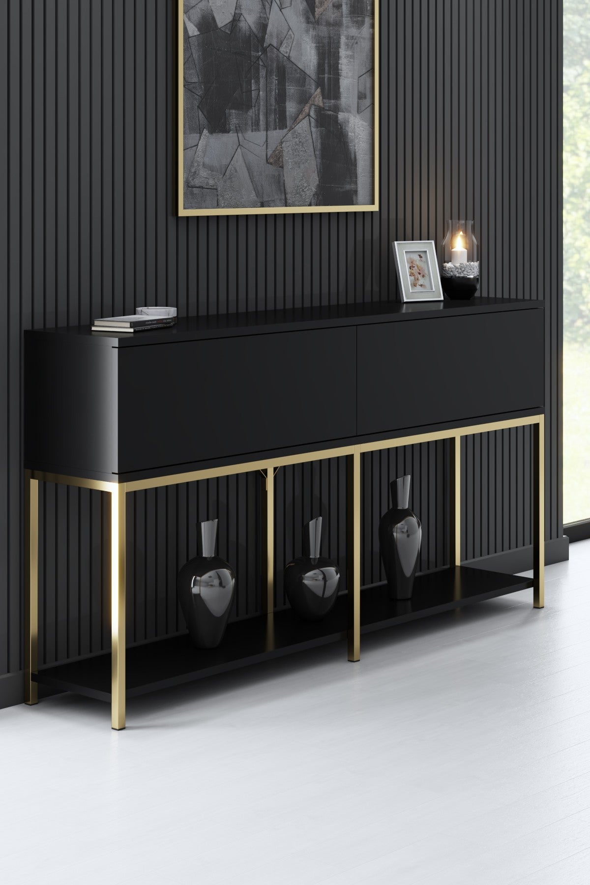 Set mobilă pentru sufragerie Lord, Diverse culori, 180x30x47 cm - Negru - Auriu | SKU: 618BLY1215 | Set mobilă pentru sufragerie Lord, 180x30x47 cm, varianta Negru - Auriu, produs pentru amenajarea locuinței, disponibil online în România la CasaMob