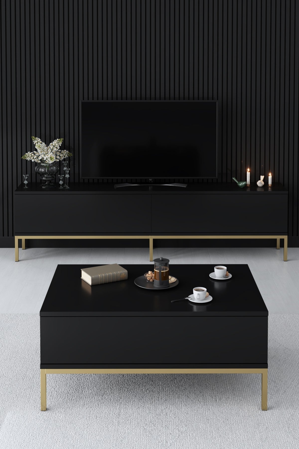 Set mobilă pentru sufragerie Lord, Diverse culori, 180x30x47 cm - Negru - Auriu | SKU: 618BLY1215 | Set mobilă pentru sufragerie Lord, 180x30x47 cm, varianta Negru - Auriu, produs pentru amenajarea locuinței, disponibil online în România la CasaMob