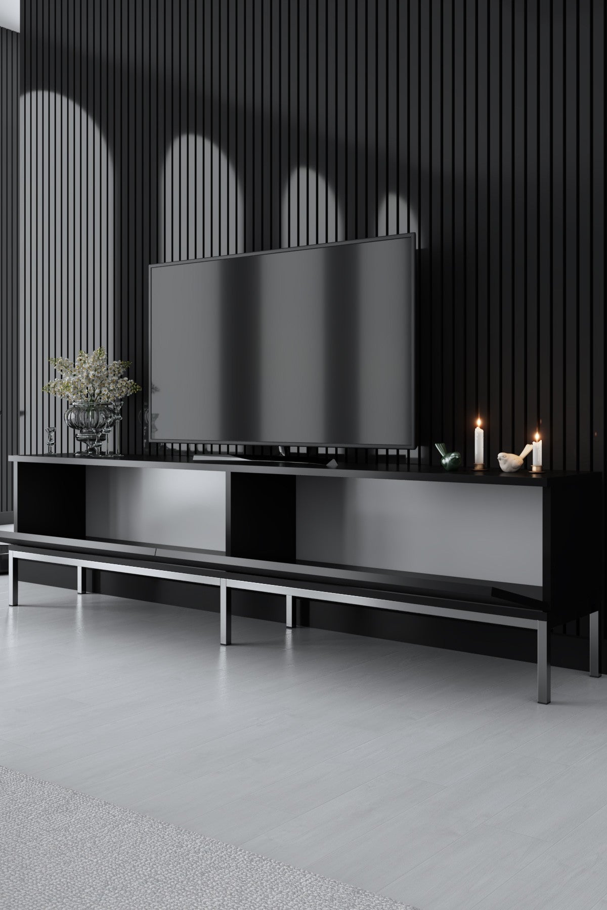Comodă TV Lord, Diverse culori, 180x30x47 cm - Negru - Argintiu | SKU: 618BLY1216 | Comodă TV Lord, 180x30x47 cm, varianta Negru - Argintiu, produs pentru amenajarea locuinței, disponibil online în România la CasaMob