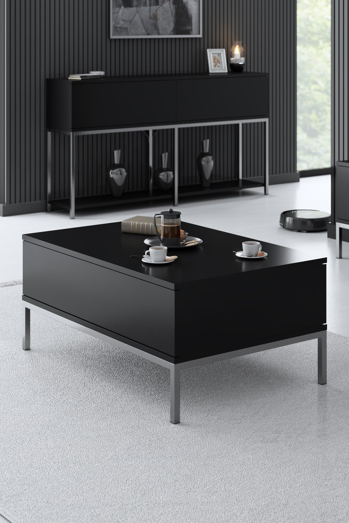 Set mobilă pentru sufragerie Lord, Diverse culori, 180x30x47 cm - Negru - Argintiu | SKU: 618BLY1219 | Set mobilă pentru sufragerie Lord, 180x30x47 cm, varianta Negru - Argintiu, produs pentru amenajarea locuinței, disponibil online în România la CasaMob