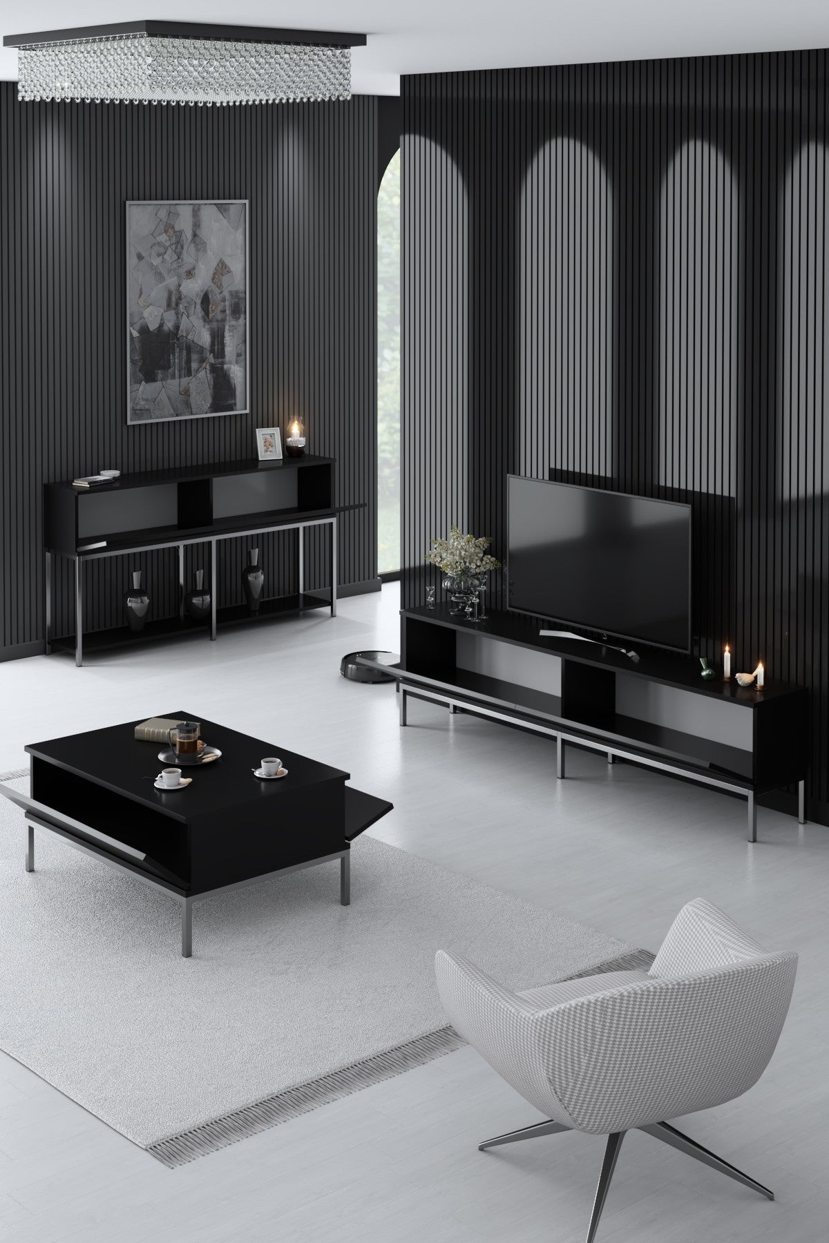 Set mobilă pentru sufragerie Lord, Diverse culori, 180x30x47 cm - Negru - Argintiu | SKU: 618BLY1219 | Set mobilă pentru sufragerie Lord, 180x30x47 cm, varianta Negru - Argintiu, produs pentru amenajarea locuinței, disponibil online în România la CasaMob