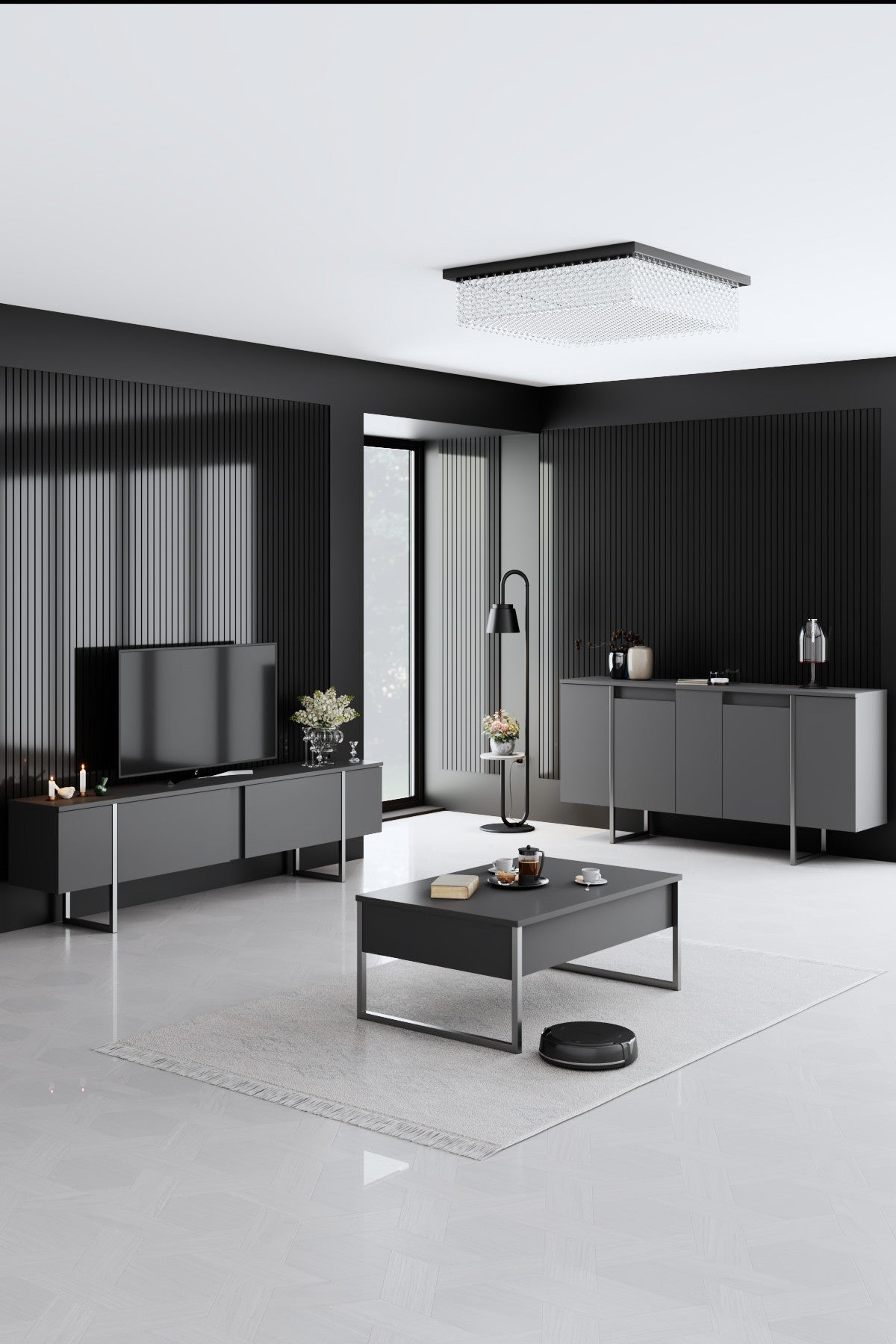 Set mobilă pentru sufragerie Luxe, Diverse culori, Diverse dimensiuni - Antracit - Argintiu - 180x30x50 cm | SKU: 618BLY1224 | Set mobilă pentru sufragerie Luxe, varianta Antracit - Argintiu - 180x30x50 cm, produs pentru amenajarea locuinței, disponibil online în România la CasaMob