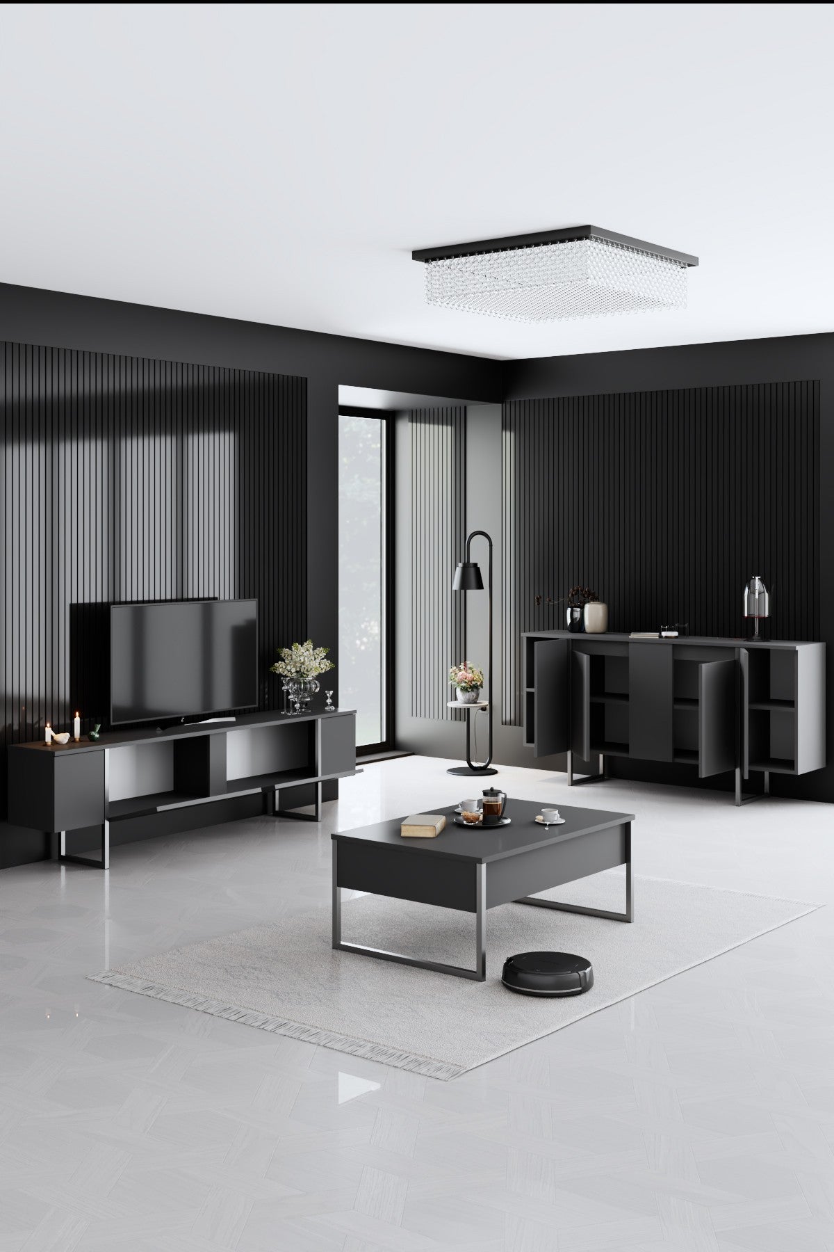 Set mobilă pentru sufragerie Luxe, Diverse culori, Diverse dimensiuni - Antracit - Argintiu - 180x30x50 cm | SKU: 618BLY1224 | Set mobilă pentru sufragerie Luxe, varianta Antracit - Argintiu - 180x30x50 cm, produs pentru amenajarea locuinței, disponibil online în România la CasaMob