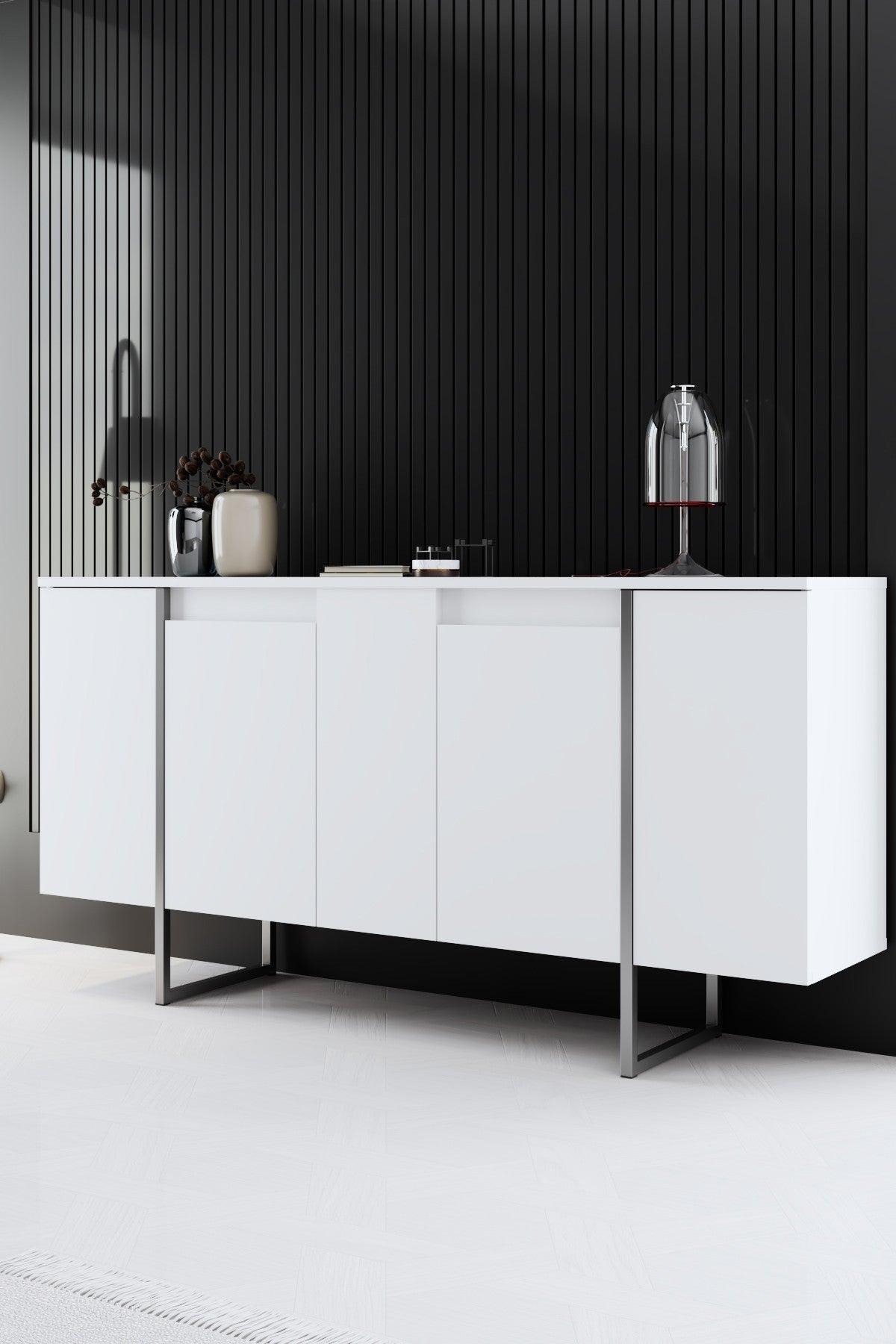Set mobilă pentru sufragerie Luxe, Diverse culori, Diverse dimensiuni - Alb - Argintiu - 180x30x50 cm | SKU: 618BLY1225 | Set mobilă pentru sufragerie Luxe, varianta Alb - Argintiu - 180x30x50 cm, produs pentru amenajarea locuinței, disponibil online în România la CasaMob