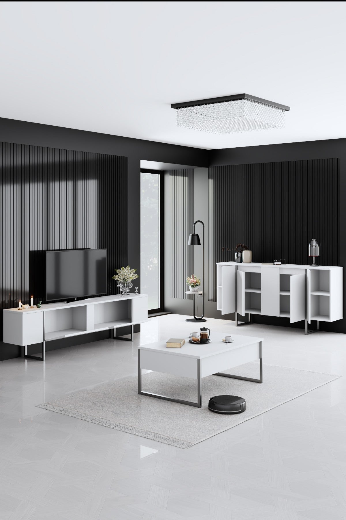 Set mobilă pentru sufragerie Luxe, Diverse culori, Diverse dimensiuni - Alb - Argintiu - 180x30x50 cm | SKU: 618BLY1225 | Set mobilă pentru sufragerie Luxe, varianta Alb - Argintiu - 180x30x50 cm, produs pentru amenajarea locuinței, disponibil online în România la CasaMob