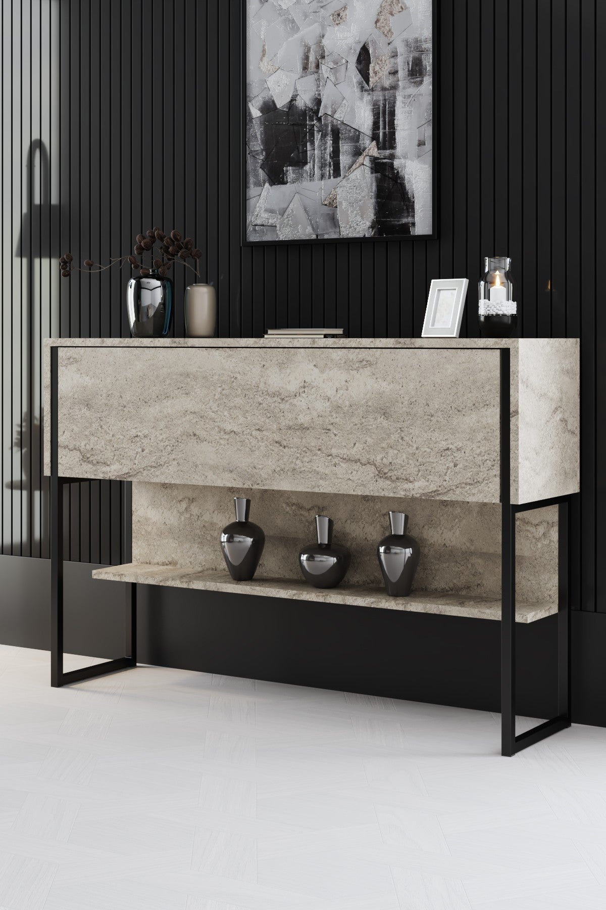 Set mobilă pentru sufragerie Luxe Set, Diverse culori, 180x30x47 cm - Travertin - Negru | SKU: 618BLY1227 | Set mobilă pentru sufragerie Luxe Set, 180x30x47 cm, varianta Travertin - Negru, produs pentru amenajarea locuinței, disponibil online în România la CasaMob