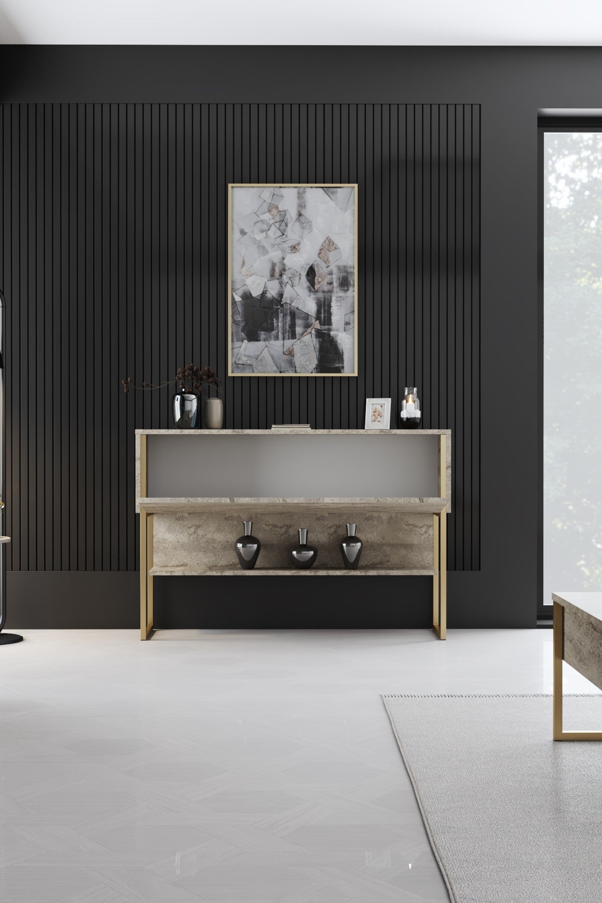 Set mobilă pentru sufragerie Luxe Set, Diverse culori, 180x30x47 cm - Travertin - Auriu | SKU: 618BLY1228 | Set mobilă pentru sufragerie Luxe Set, 180x30x47 cm, varianta Travertin - Auriu, produs pentru amenajarea locuinței, disponibil online în România la CasaMob