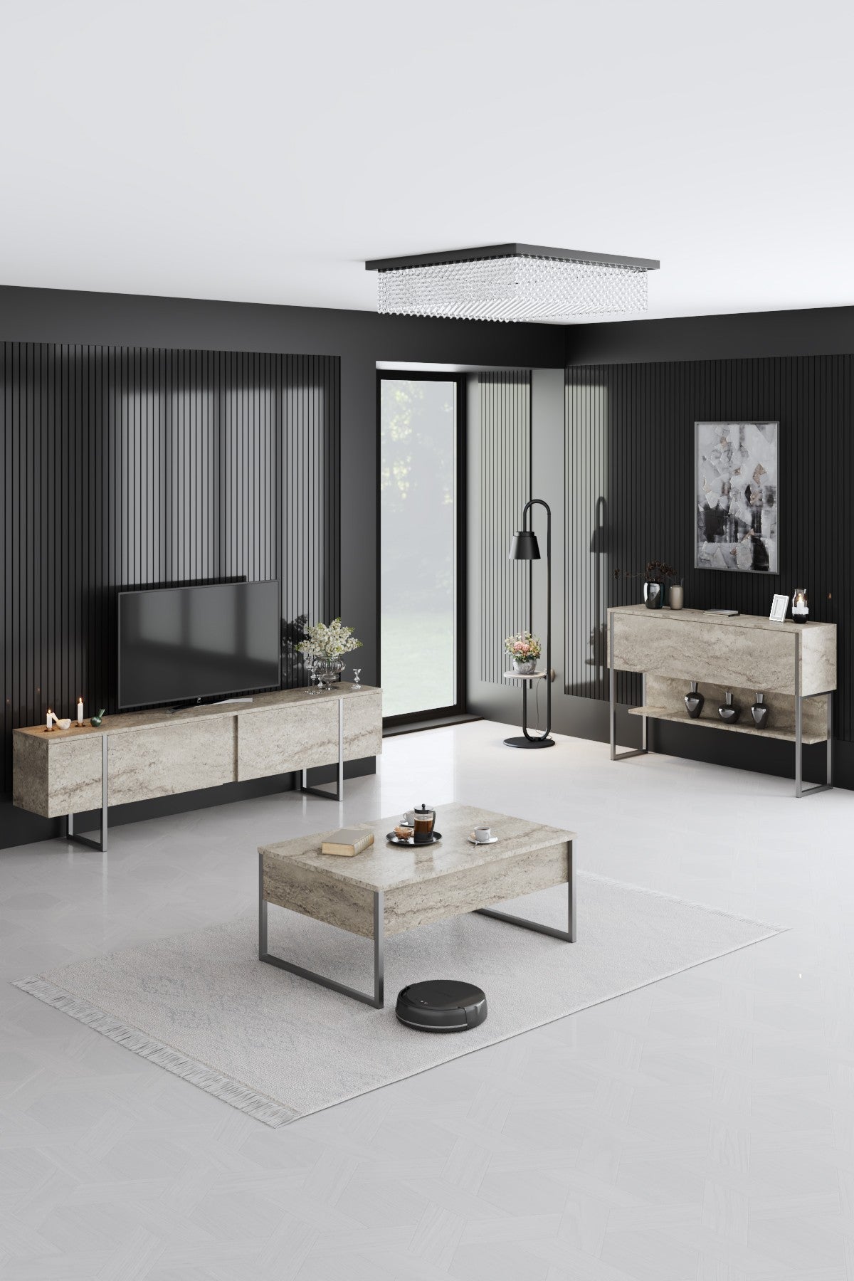 Set mobilă pentru sufragerie Luxe Set, Diverse culori, 180x30x47 cm - Travertin - Argintiu | SKU: 618BLY1229 | Set mobilă pentru sufragerie Luxe Set, 180x30x47 cm, varianta Travertin - Argintiu, produs pentru amenajarea locuinței, disponibil online în România la CasaMob