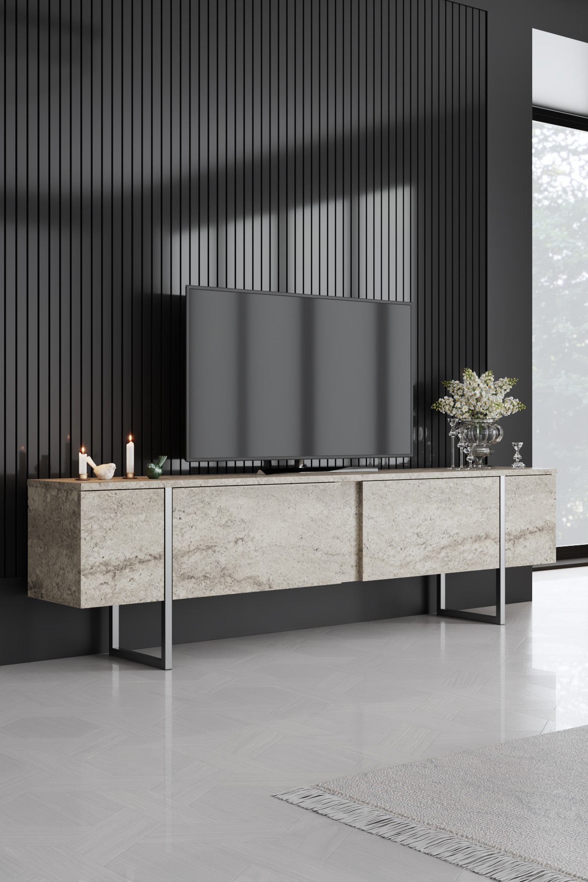 Set mobilă pentru sufragerie Luxe Set, Diverse culori, 180x30x47 cm - Travertin - Argintiu | SKU: 618BLY1229 | Set mobilă pentru sufragerie Luxe Set, 180x30x47 cm, varianta Travertin - Argintiu, produs pentru amenajarea locuinței, disponibil online în România la CasaMob