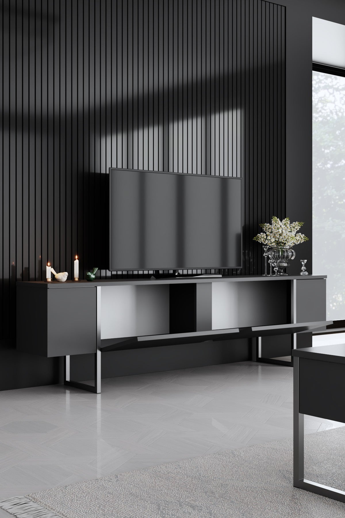 Comodă TV Luxe, Diverse culori, 180x30x50 cm - Antracit - Argintiu | SKU: 618BLY1250 | Comodă TV Luxe, 180x30x50 cm, varianta Antracit - Argintiu, produs pentru amenajarea locuinței, disponibil online în România la CasaMob