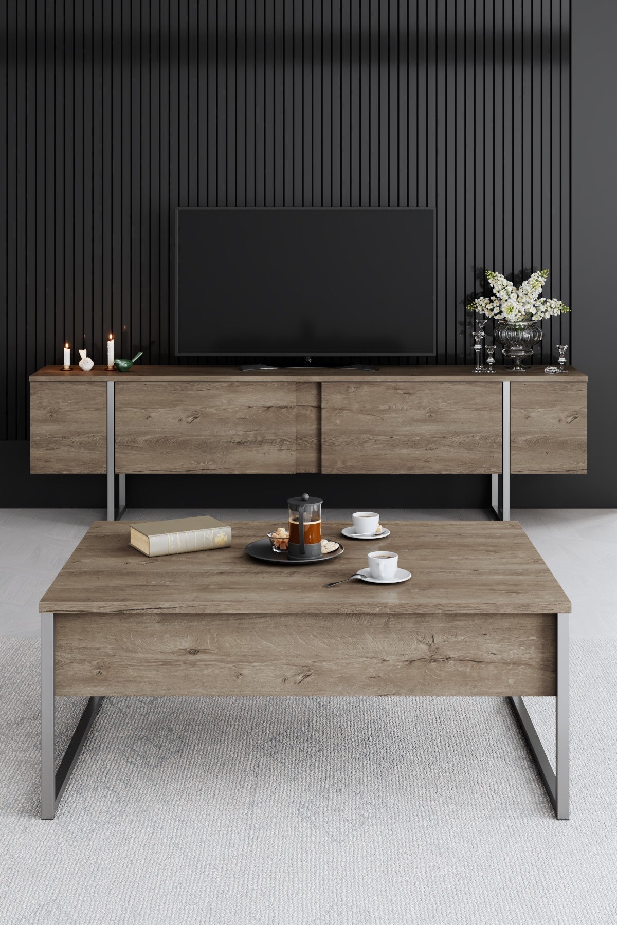 Comodă TV Luxe, Diverse culori, 180x30x50 cm - Nuc - Argintiu | SKU: 618BLY1252 | Comodă TV Luxe, 180x30x50 cm, varianta Nuc - Argintiu, produs pentru amenajarea locuinței, disponibil online în România la CasaMob