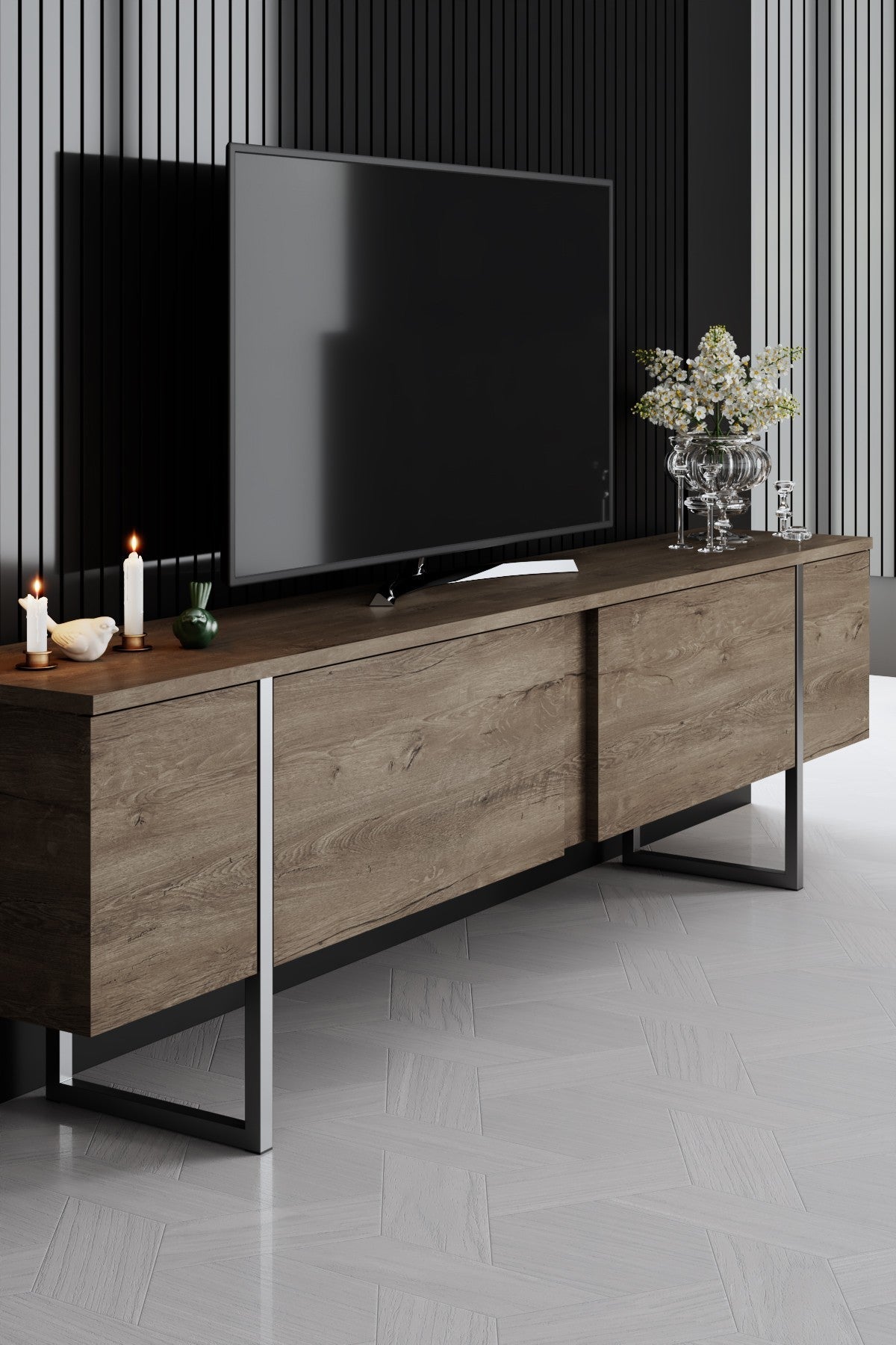 Comodă TV Luxe, Diverse culori, 180x30x50 cm - Nuc - Argintiu | SKU: 618BLY1252 | Comodă TV Luxe, 180x30x50 cm, varianta Nuc - Argintiu, produs pentru amenajarea locuinței, disponibil online în România la CasaMob