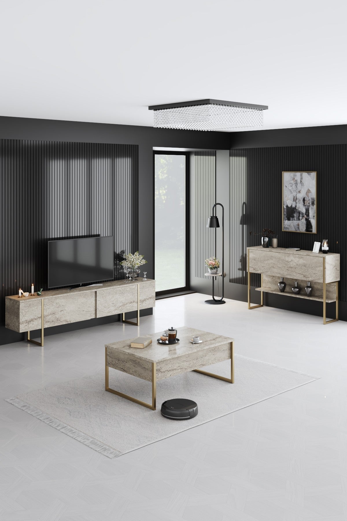 Comodă TV Luxe, Diverse culori, 180x30x50 cm - Travertin - Auriu | SKU: 618BLY1254 | Comodă TV Luxe, 180x30x50 cm, varianta Travertin - Auriu, produs pentru amenajarea locuinței, disponibil online în România la CasaMob