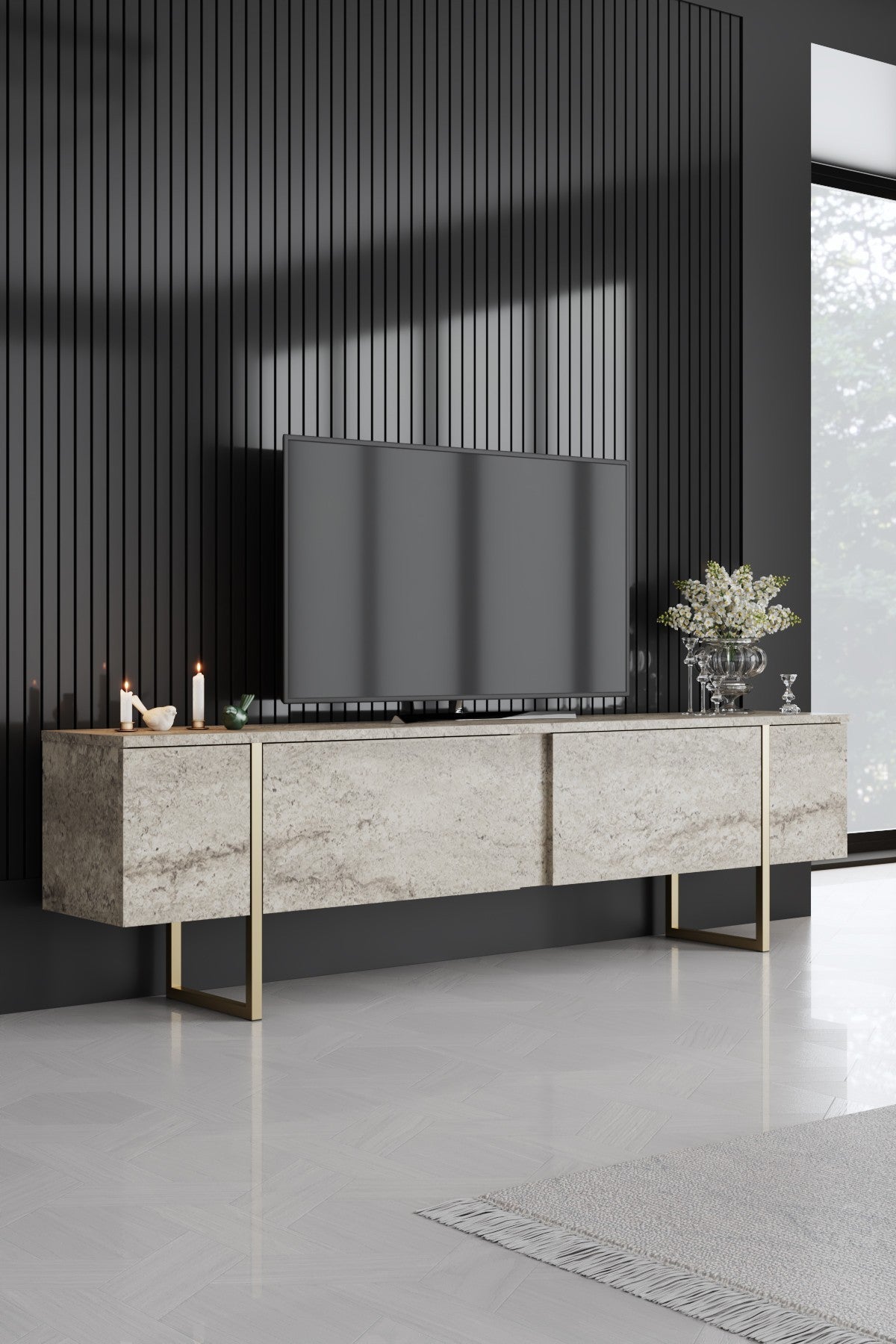 Comodă TV Luxe, Diverse culori, 180x30x50 cm - Travertin - Auriu | SKU: 618BLY1254 | Comodă TV Luxe, 180x30x50 cm, varianta Travertin - Auriu, produs pentru amenajarea locuinței, disponibil online în România la CasaMob