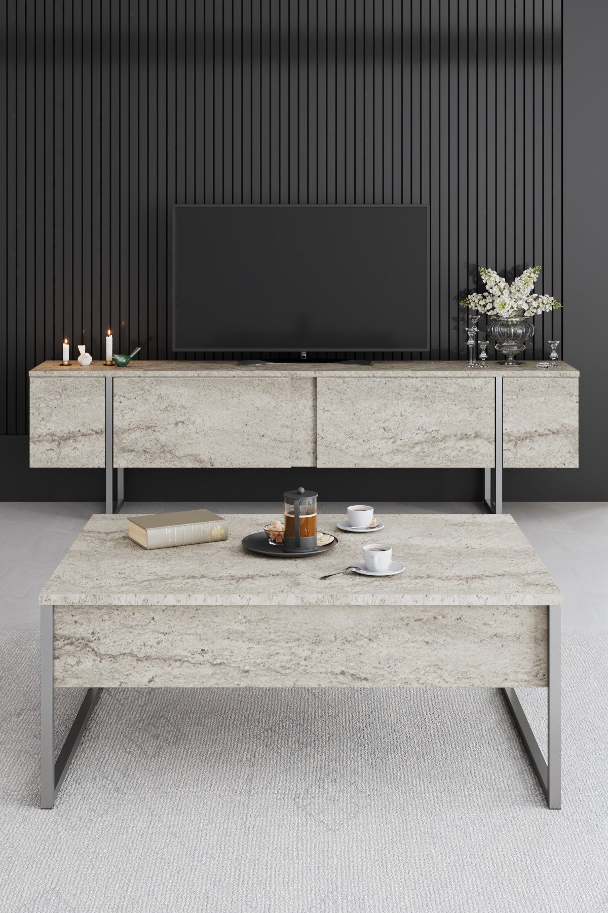 Comodă TV Luxe, Diverse culori, 180x30x50 cm - Travertin - Argintiu | SKU: 618BLY1255 | Comodă TV Luxe, 180x30x50 cm, varianta Travertin - Argintiu, produs pentru amenajarea locuinței, disponibil online în România la CasaMob