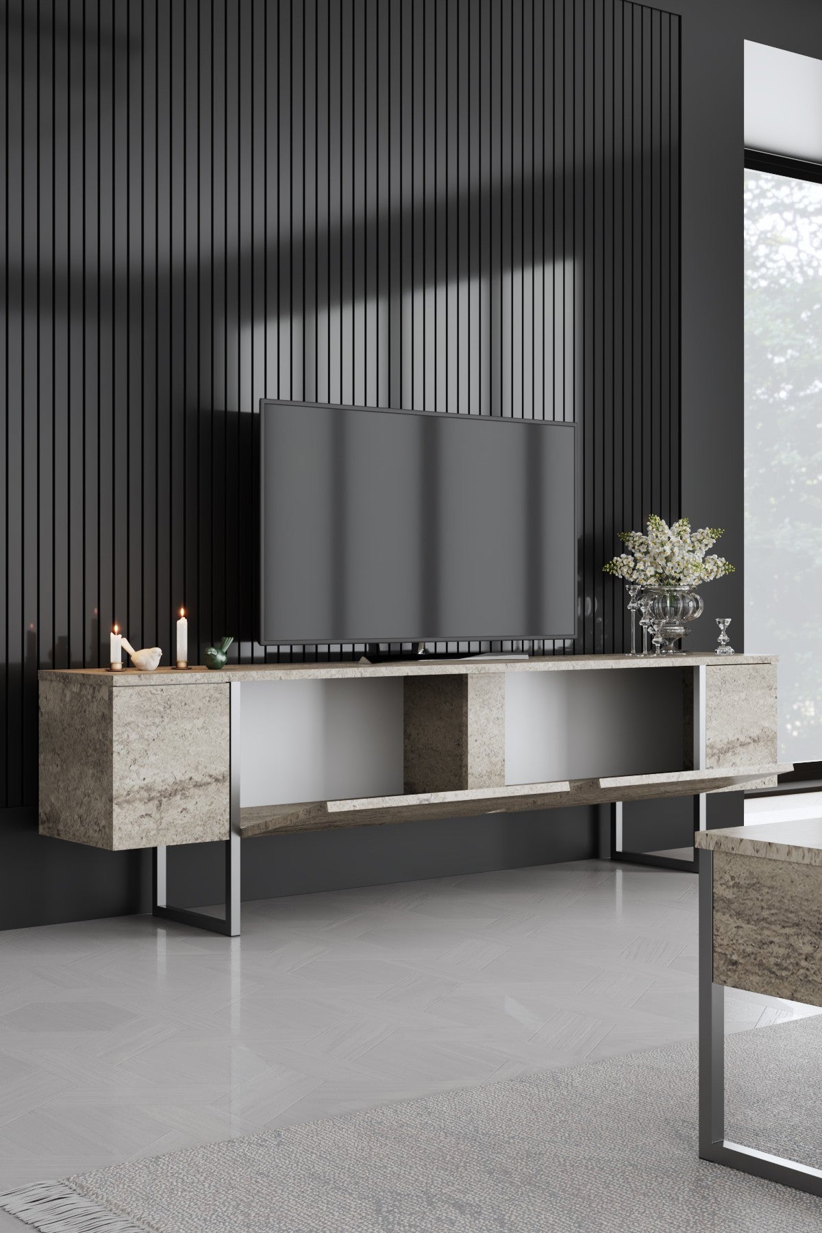 Comodă TV Luxe, Diverse culori, 180x30x50 cm - Travertin - Argintiu | SKU: 618BLY1255 | Comodă TV Luxe, 180x30x50 cm, varianta Travertin - Argintiu, produs pentru amenajarea locuinței, disponibil online în România la CasaMob