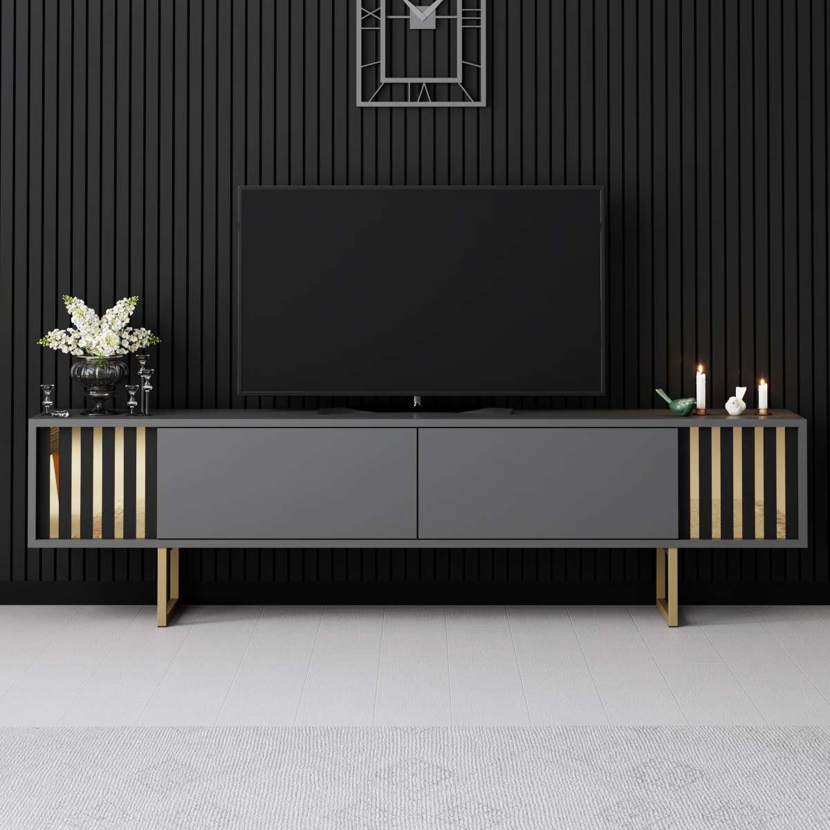 Comodă TV auriu Line, Diverse culori, 180x30x18 cm - Antracit - Auriu | SKU: 618BLY1281 | Comodă TV auriu Line, 180x30x18 cm, varianta Antracit - Auriu, produs pentru amenajarea locuinței, disponibil online în România la CasaMob