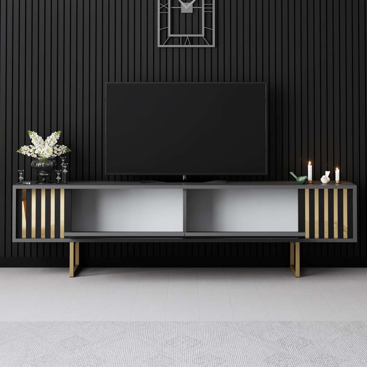 Comodă TV auriu Line, Diverse culori, 180x30x18 cm - Antracit - Auriu | SKU: 618BLY1281 | Comodă TV auriu Line, 180x30x18 cm, varianta Antracit - Auriu, produs pentru amenajarea locuinței, disponibil online în România la CasaMob