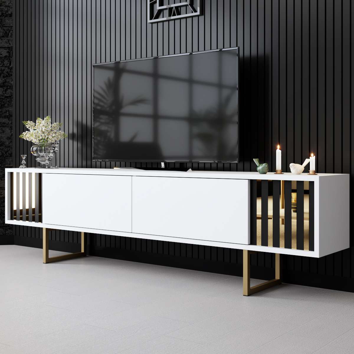 Comodă TV auriu Line, Diverse culori, 180x30x18 cm - Alb - Auriu | SKU: 618BLY1282 | Comodă TV auriu Line, 180x30x18 cm, varianta Alb - Auriu, produs pentru amenajarea locuinței, disponibil online în România la CasaMob