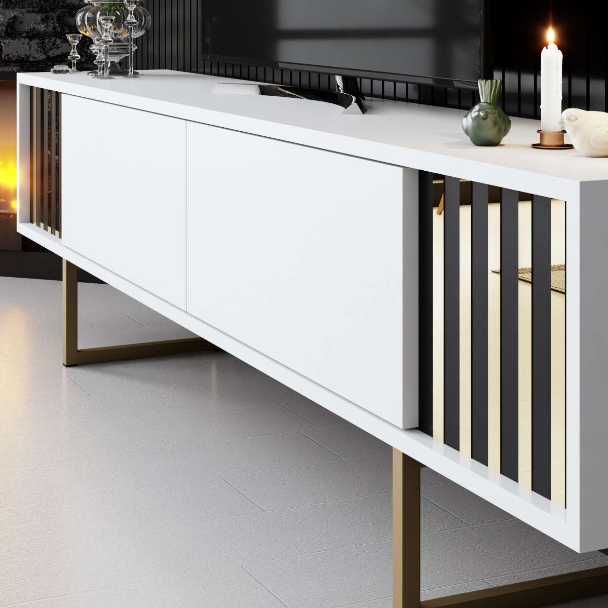 Comodă TV auriu Line, Diverse culori, 180x30x18 cm - Alb - Auriu | SKU: 618BLY1282 | Comodă TV auriu Line, 180x30x18 cm, varianta Alb - Auriu, produs pentru amenajarea locuinței, disponibil online în România la CasaMob