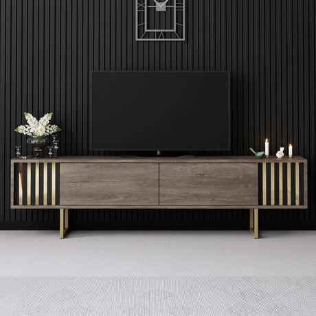 Comodă TV Gold Line - Walnut, Black, Nuc - Auriu, 180x30x18 cm