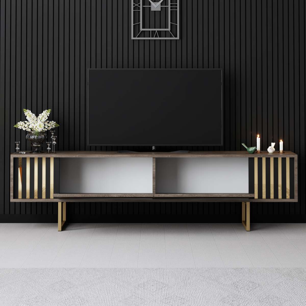 Comodă TV Gold Line - Walnut, Black, Nuc - Auriu, 180x30x18 cm