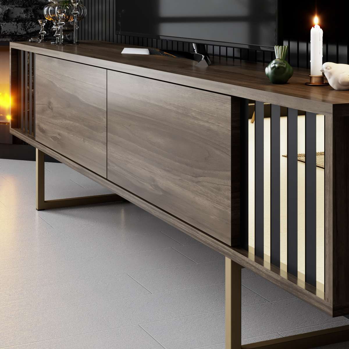 Comodă TV Gold Line - Walnut, Black, Nuc - Auriu, 180x30x18 cm