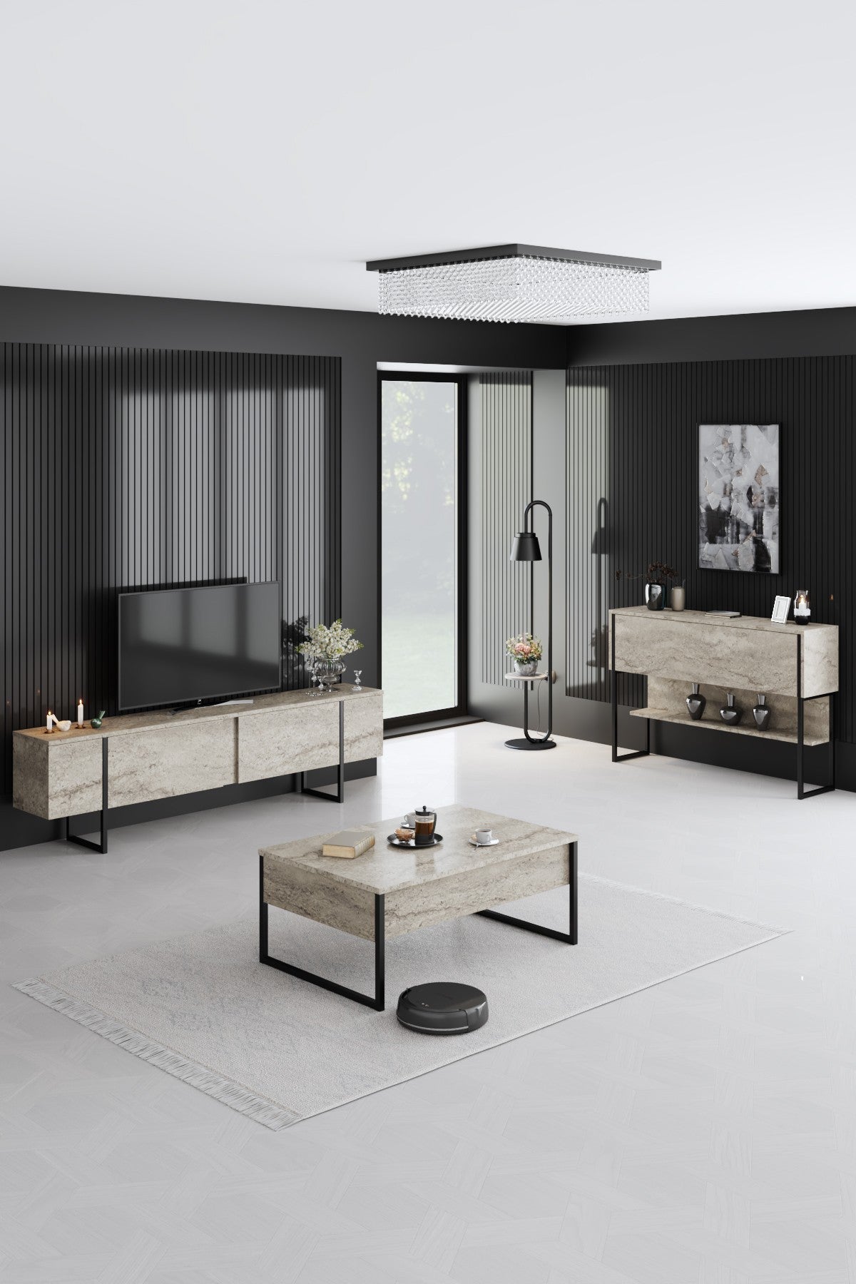 Măsuță de cafea Luxe, Diverse culori, 90x60x40 cm - Travertin - Negru | SKU: 618BLY1353 | Măsuță de cafea Luxe, 90x60x40 cm, varianta Travertin - Negru, produs pentru amenajarea locuinței, disponibil online în România la CasaMob