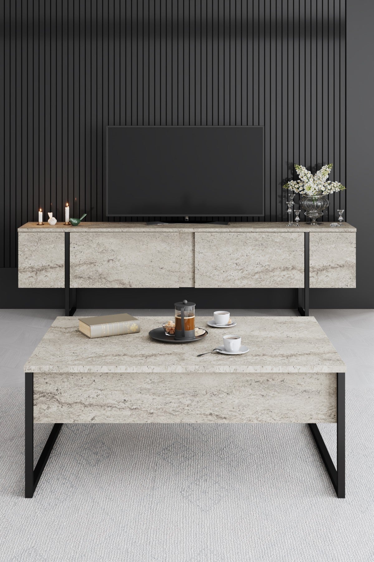 Măsuță de cafea Luxe, Diverse culori, 90x60x40 cm - Travertin - Negru | SKU: 618BLY1353 | Măsuță de cafea Luxe, 90x60x40 cm, varianta Travertin - Negru, produs pentru amenajarea locuinței, disponibil online în România la CasaMob