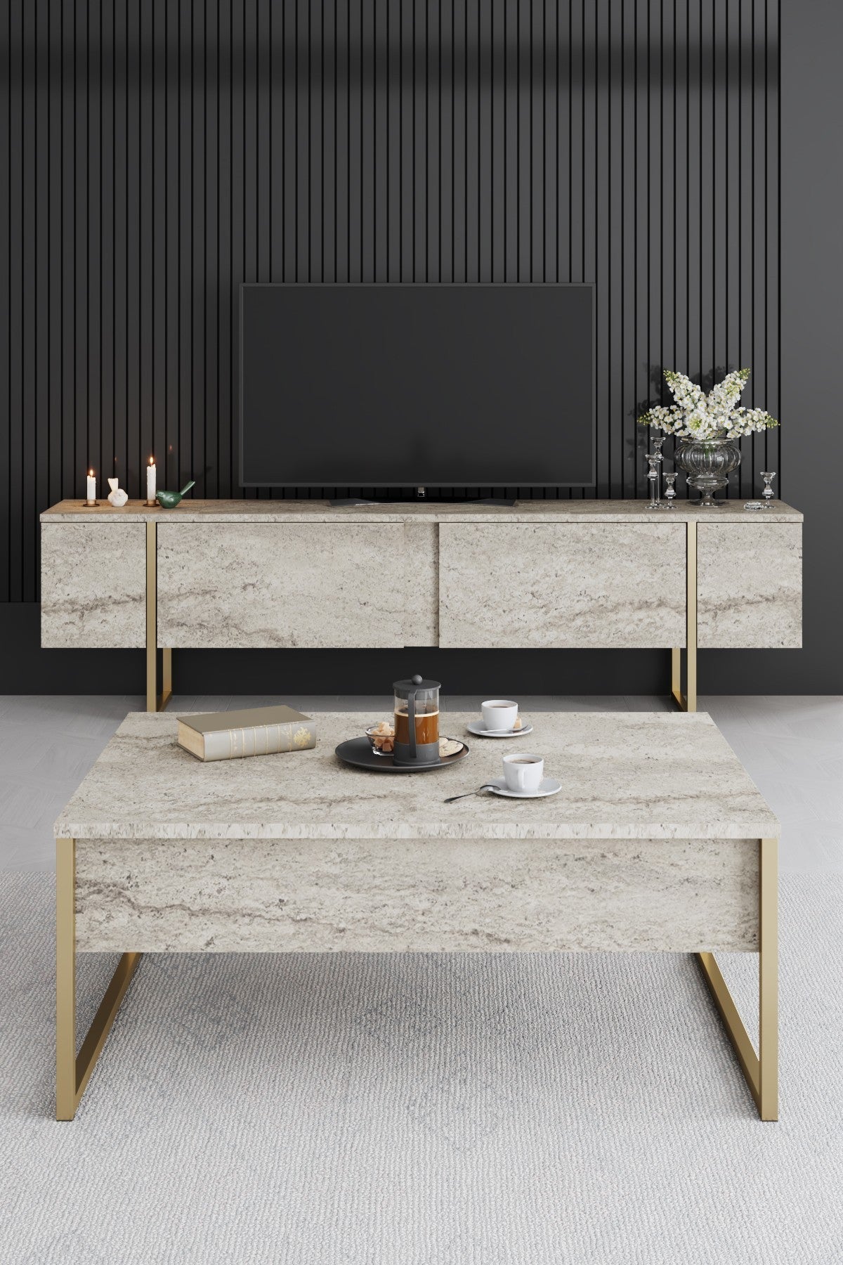 Măsuță de cafea Luxe, Diverse culori, 90x60x40 cm - Travertin - Auriu | SKU: 618BLY1354 | Măsuță de cafea Luxe, 90x60x40 cm, varianta Travertin - Auriu, produs pentru amenajarea locuinței, disponibil online în România la CasaMob