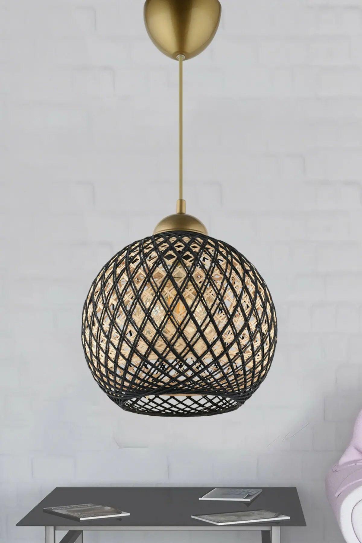 Lustra cu Abajur din Bumbac DL350 - Auriu Negru, SKU 687HMY1107
