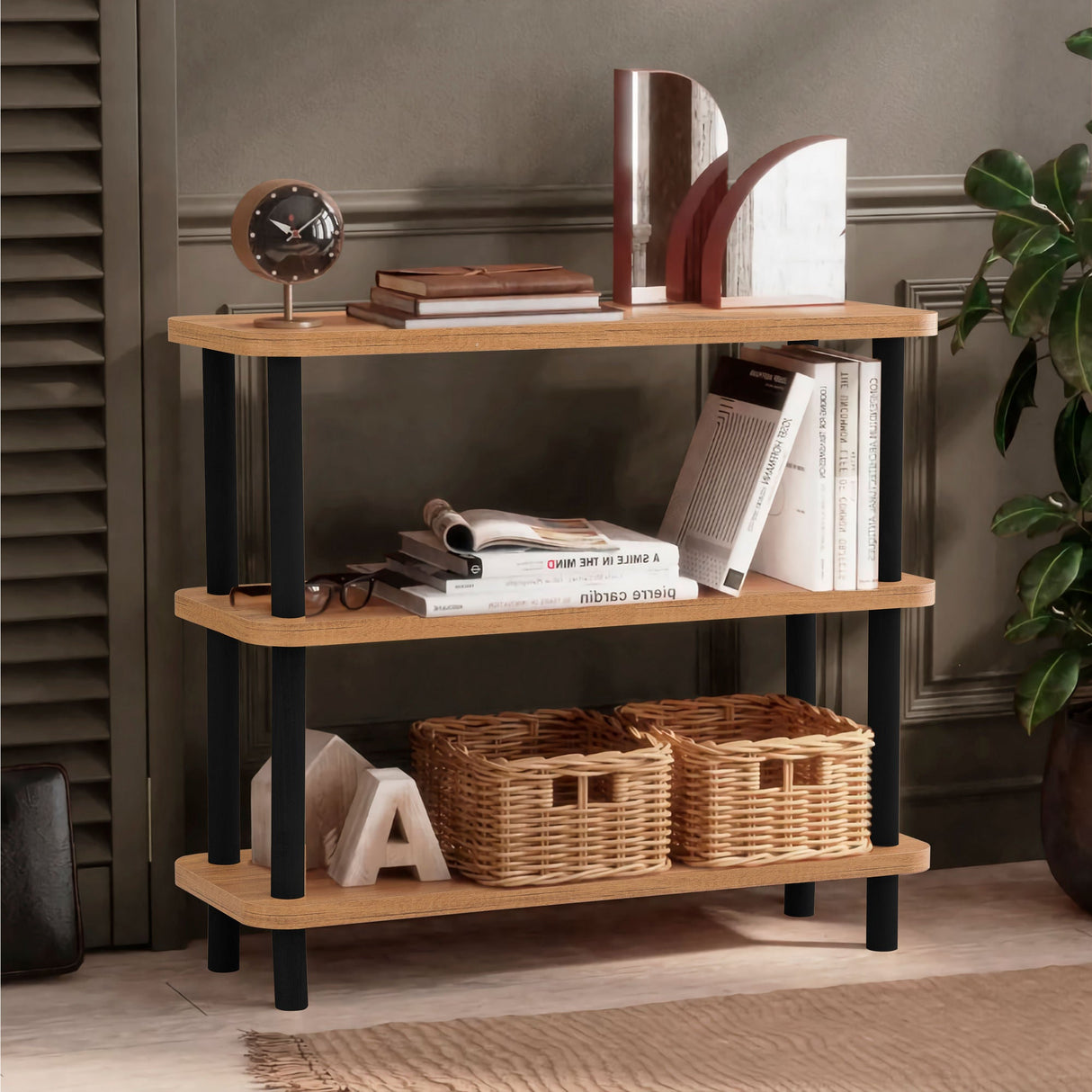 Bibliotecă Step, Diverse culori, 80x28x75 cm - Negru - Pin atlantic | SKU: 688DRA1210 | Bibliotecă Step, 80x28x75 cm, varianta Negru - Pin atlantic, produs pentru amenajarea locuinței, disponibil online în România la CasaMob