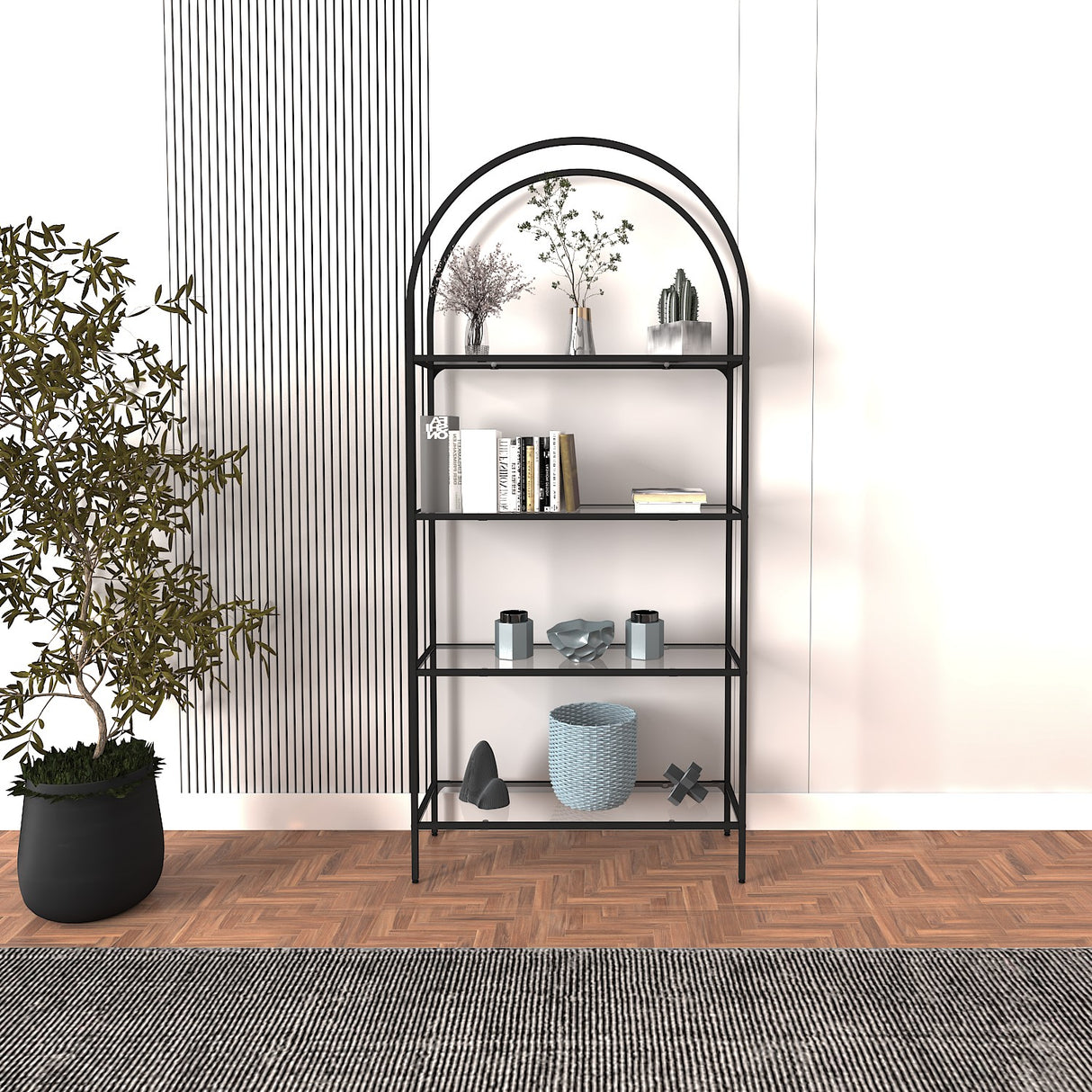 Bibliotecă Mona Glass, Negru, 80x30x175 cm