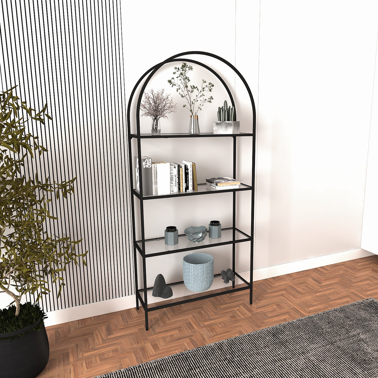 Bibliotecă Mona Glass, Negru, 80x30x175 cm