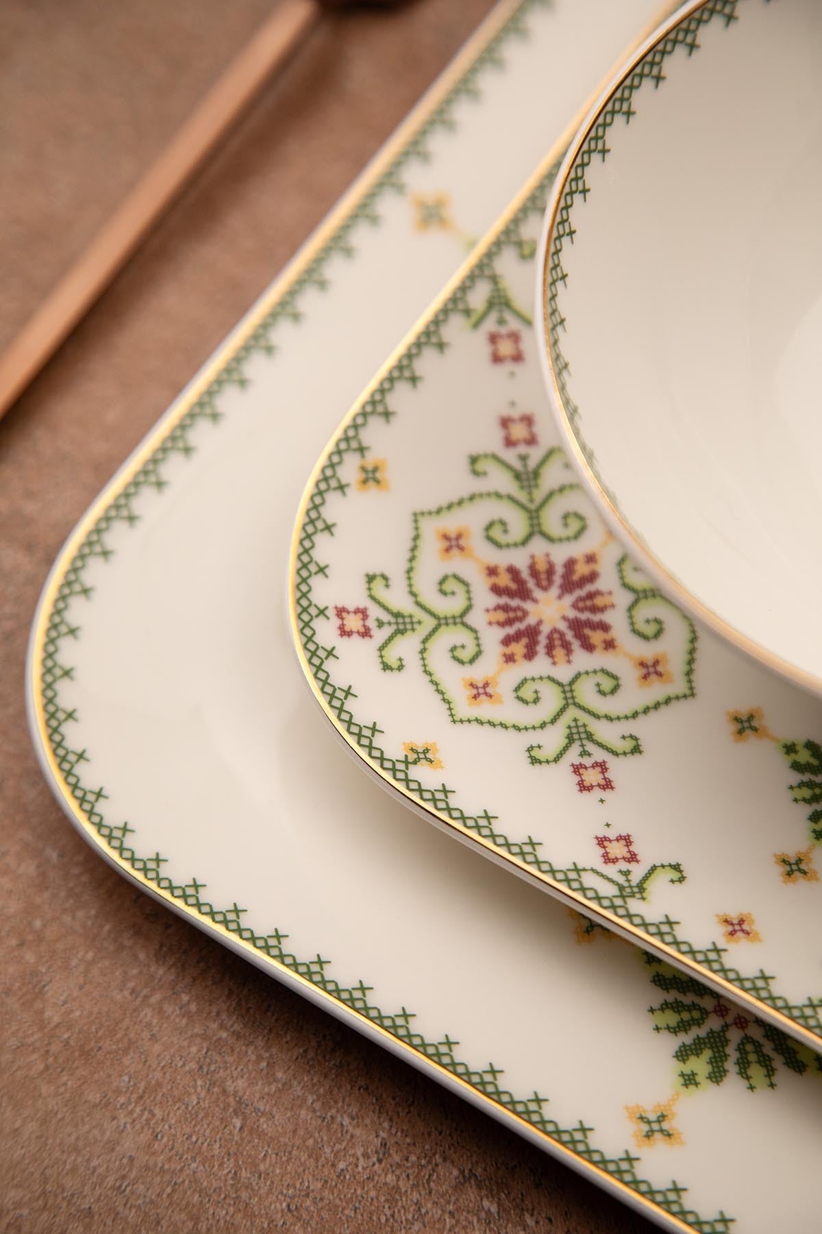 Serviciu de masă 26 bucăți BNMNS26YS60112679, Alb - Verde - Auriu, 32x20x2 cm