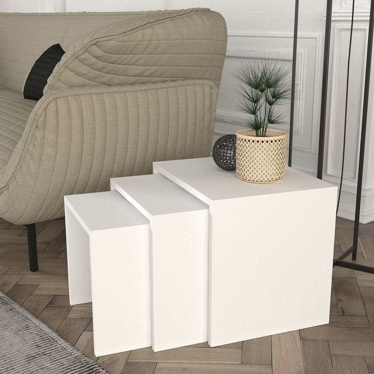 Set 3 măsuțe de cafea Zariel, Alb, 33x35x33 cm