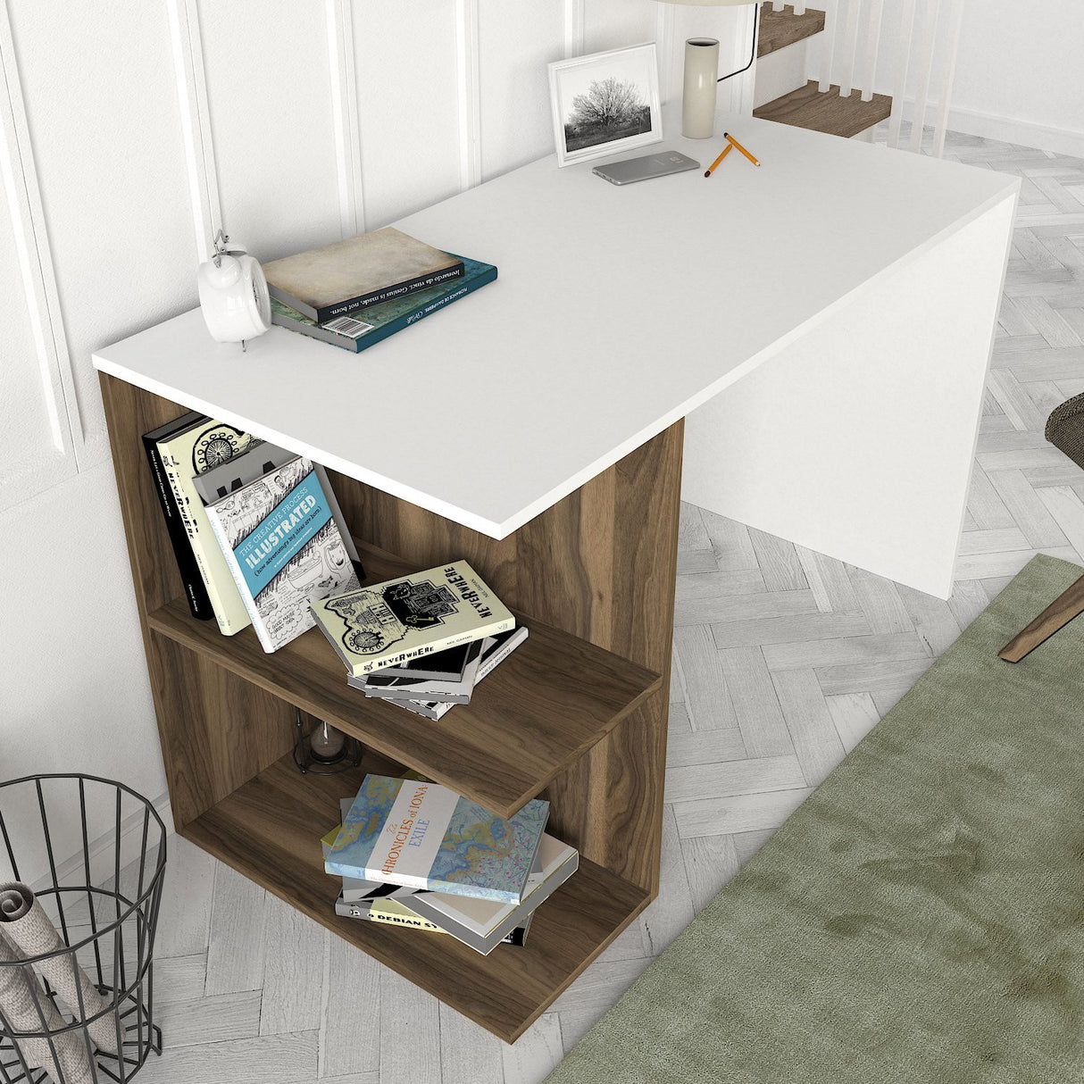 Birou Elegance, Alb - Nuc, 120x60x75 cm