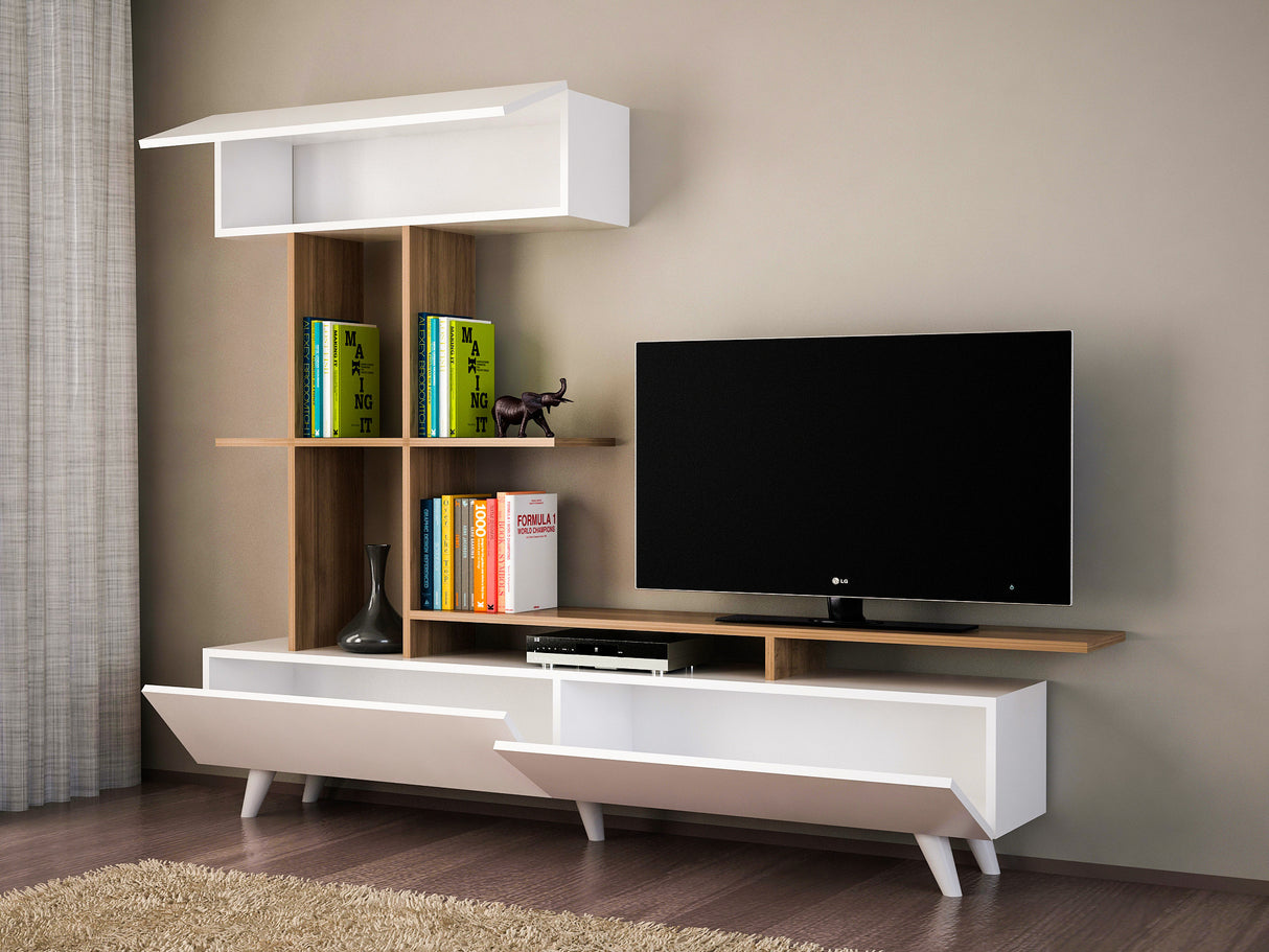 Comodă TV Violet, Alb - Nuc, 195x31x180 cm